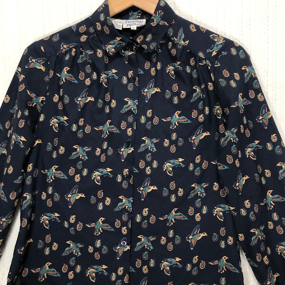 Personal Petites Womens Paisley Duck Print Button Down Long‎ Sleeve Blouse